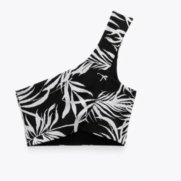 NWT! Zara One Shoulder Palm Print Floral Jacquard Cross Over Crop Top | S - Picture 2 of 8
